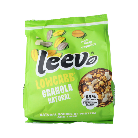 Leev Lowcarb bio granola 275g in a resealable bag, with oats, nuts, and seeds visible in a natural, wholesome breakfast mix.