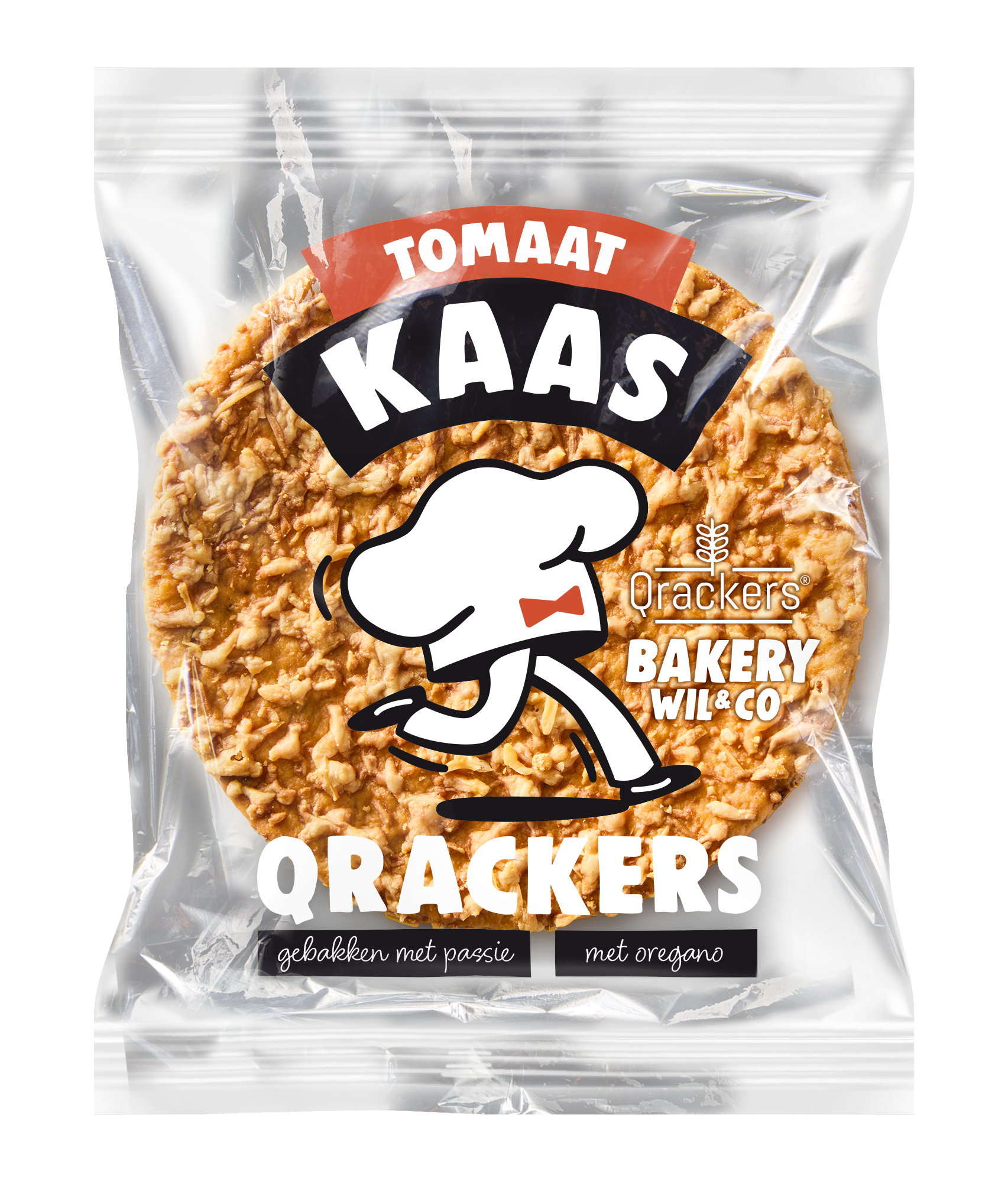 Leev Qrackers tomaat kaas crackers, 2 pieces, bio, 46g, crispy snack with tomato and cheese flavor.