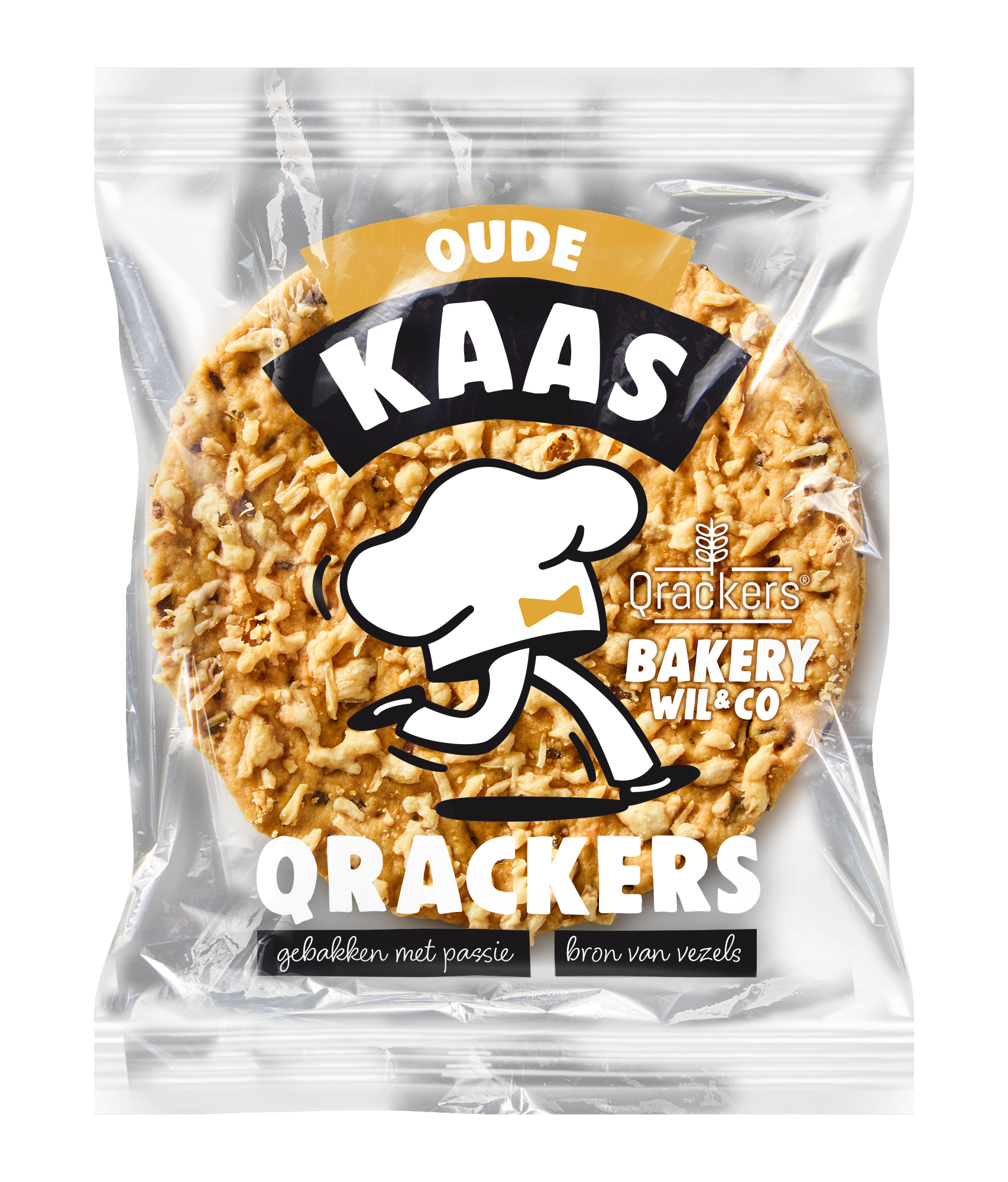 Leev Qrackers oude kaas bio crackers, 46g, featuring crispy crackers topped with aged organic cheese, in a close-up view.