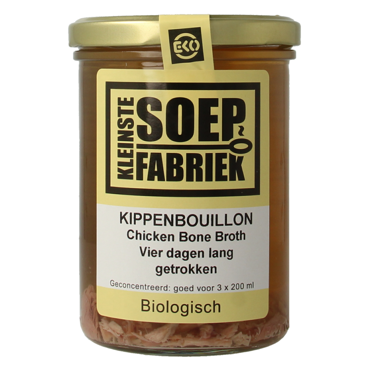 Kleinstesoepfabriek bio kippenbouillon in 400ml container, natural chicken broth for soups and cooking.