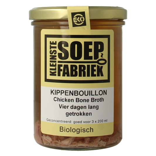Kleinstesoepfabriek bio kippenbouillon in 400ml container, natural chicken broth for soups and cooking.