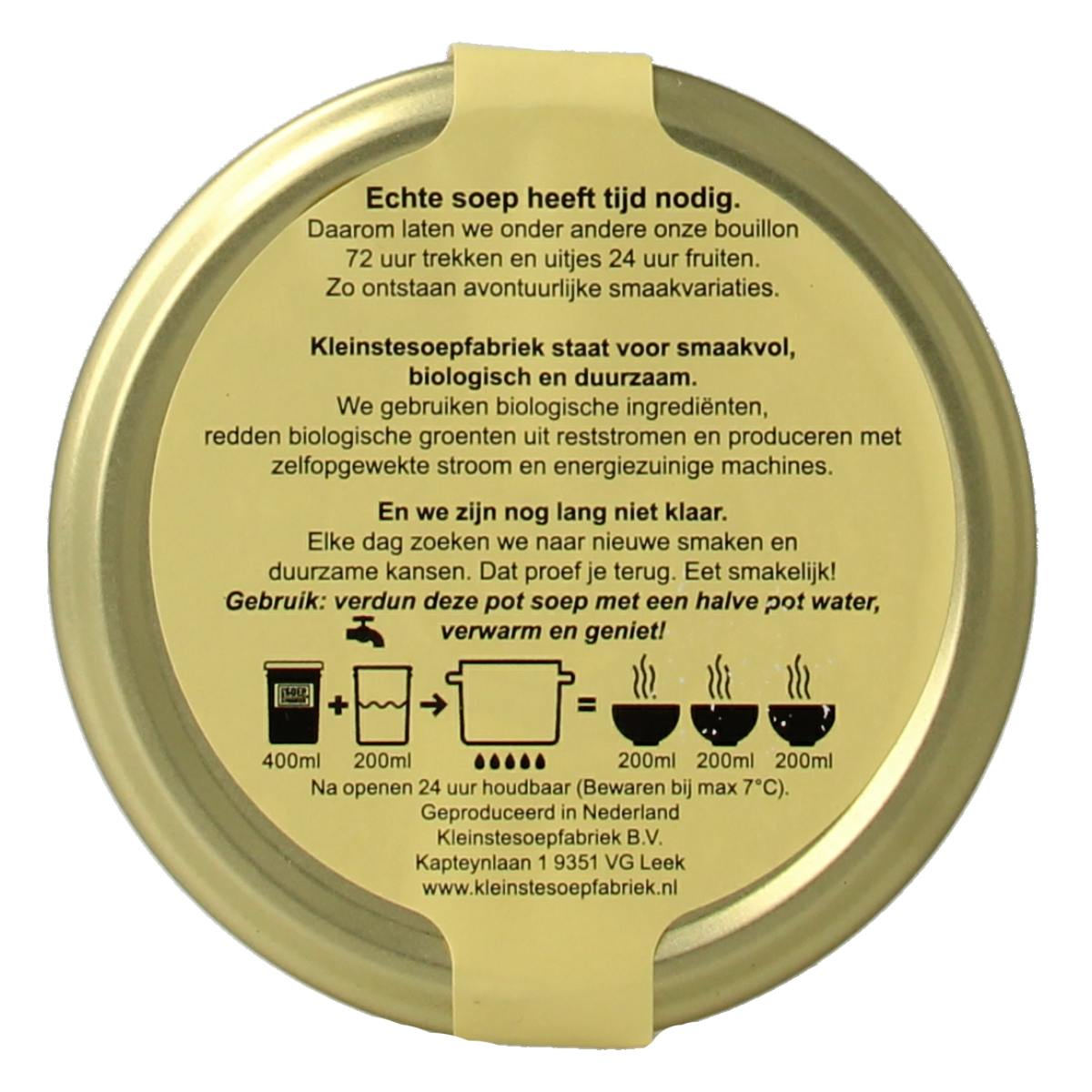 Kleinstesoepfabriek bio kippenbouillon in 400ml carton, flavorful chicken broth for soups and cooking.
