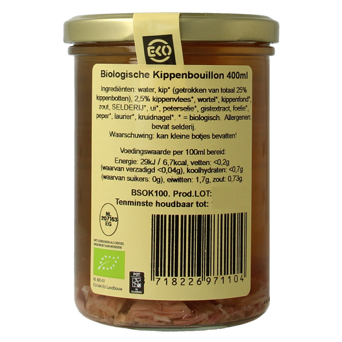 Kleinstesoepfabriek bio kippenbouillon in 400ml carton, clear broth with visible chicken flavors and herbs.