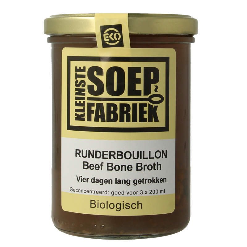 Kleinstesoepfabriek bio runderbouillon in 400ml container, showcasing the clear, rich beef broth in a bowl with fresh herbs.