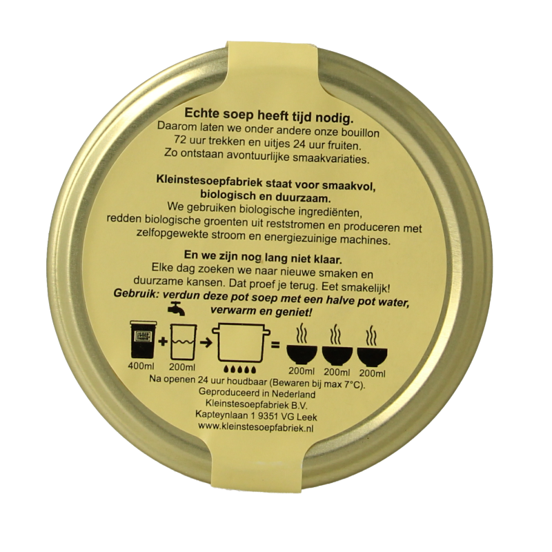 Kleinstesoepfabriek bio runderbouillon in 400ml container, natural beef broth for soups and cooking.