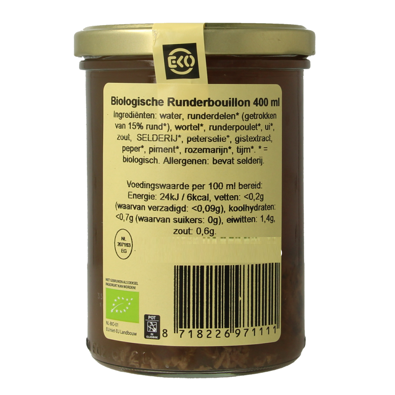 Kleinstesoepfabriek bio runderbouillon in 400ml container, natural beef broth for soups and cooking.