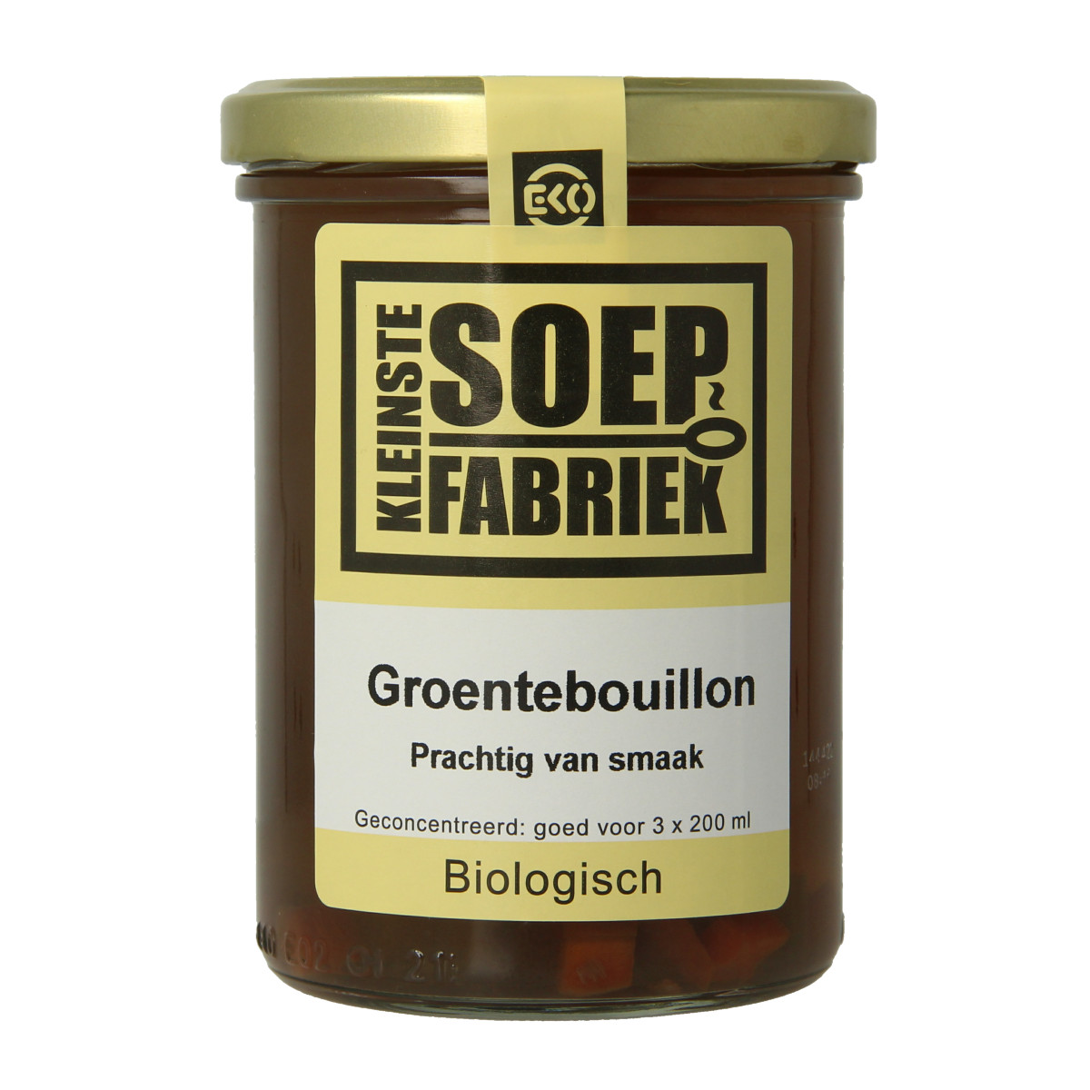 Kleinstesoepfabriek biologische groentebouillon in 400ml container, fresh and flavorful for soups and cooking.