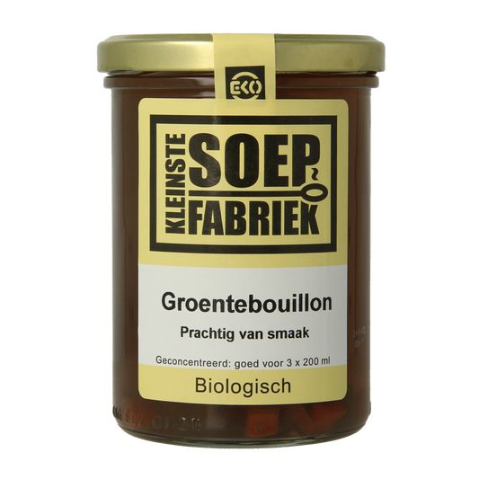 Kleinstesoepfabriek biologische groentebouillon in 400ml container, fresh and flavorful for soups and cooking.