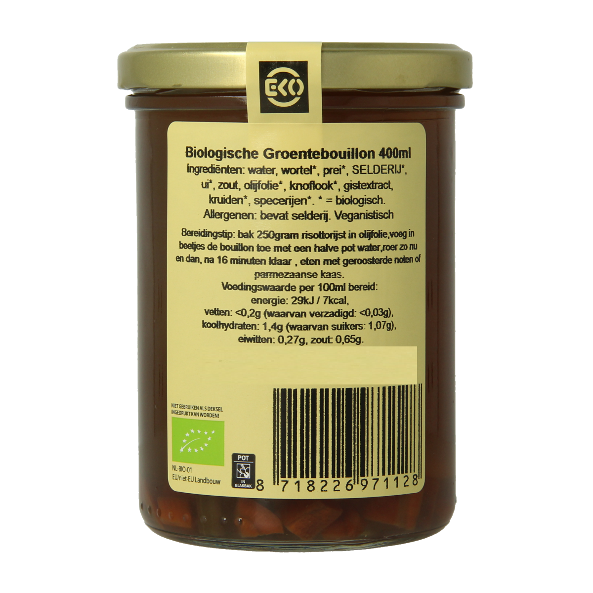 Kleinstesoepfabriek bio groentebouillon in 400ml container, natural vegetable broth for soups and cooking.