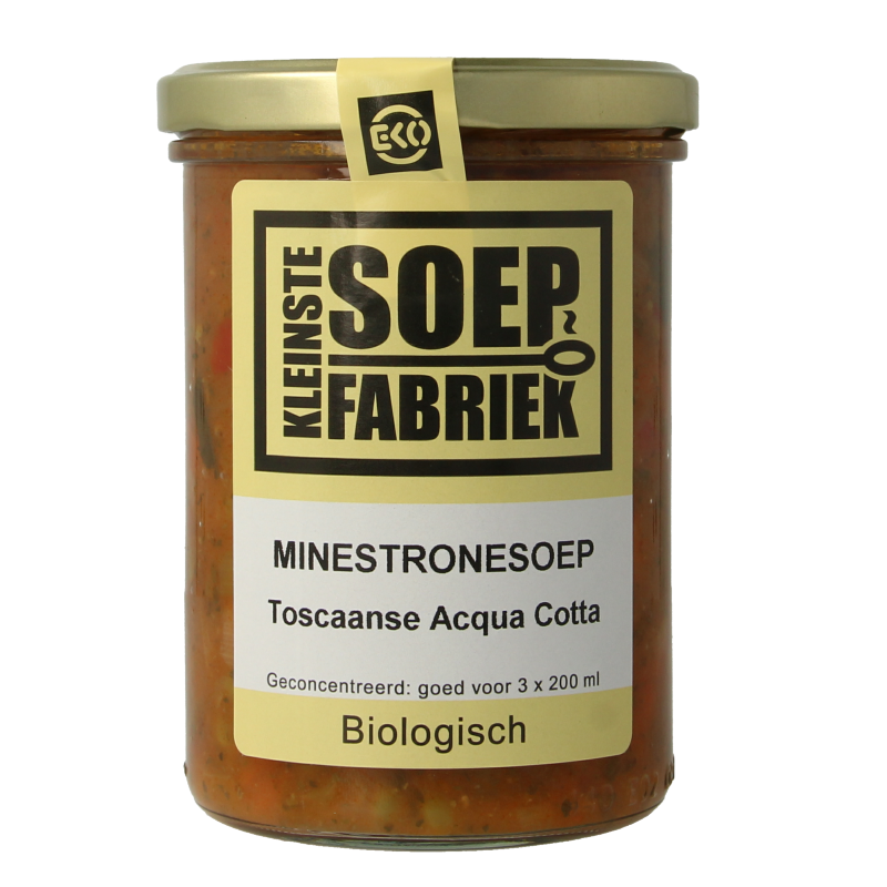 Kleinstesoepfabriek Acqua Cotta Toscaanse minestronesoep, bio, 400ml, served in a bowl with fresh herbs and vegetables.