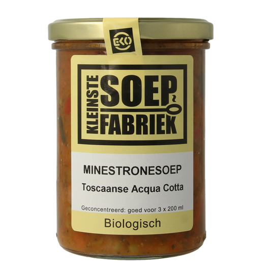 Kleinstesoepfabriek Acqua Cotta Toscaanse minestronesoep, bio, 400ml, served in a bowl with fresh herbs and vegetables.