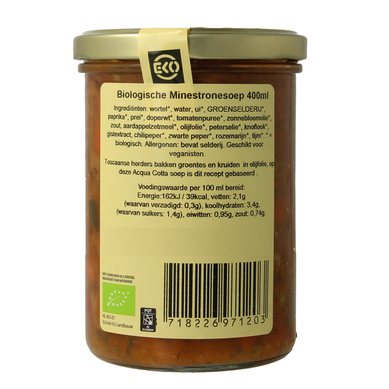 Kleinstesoepfabriek Toscaanse minestronesoep in 400ml bio container, showcasing fresh ingredients and vibrant soup texture.
