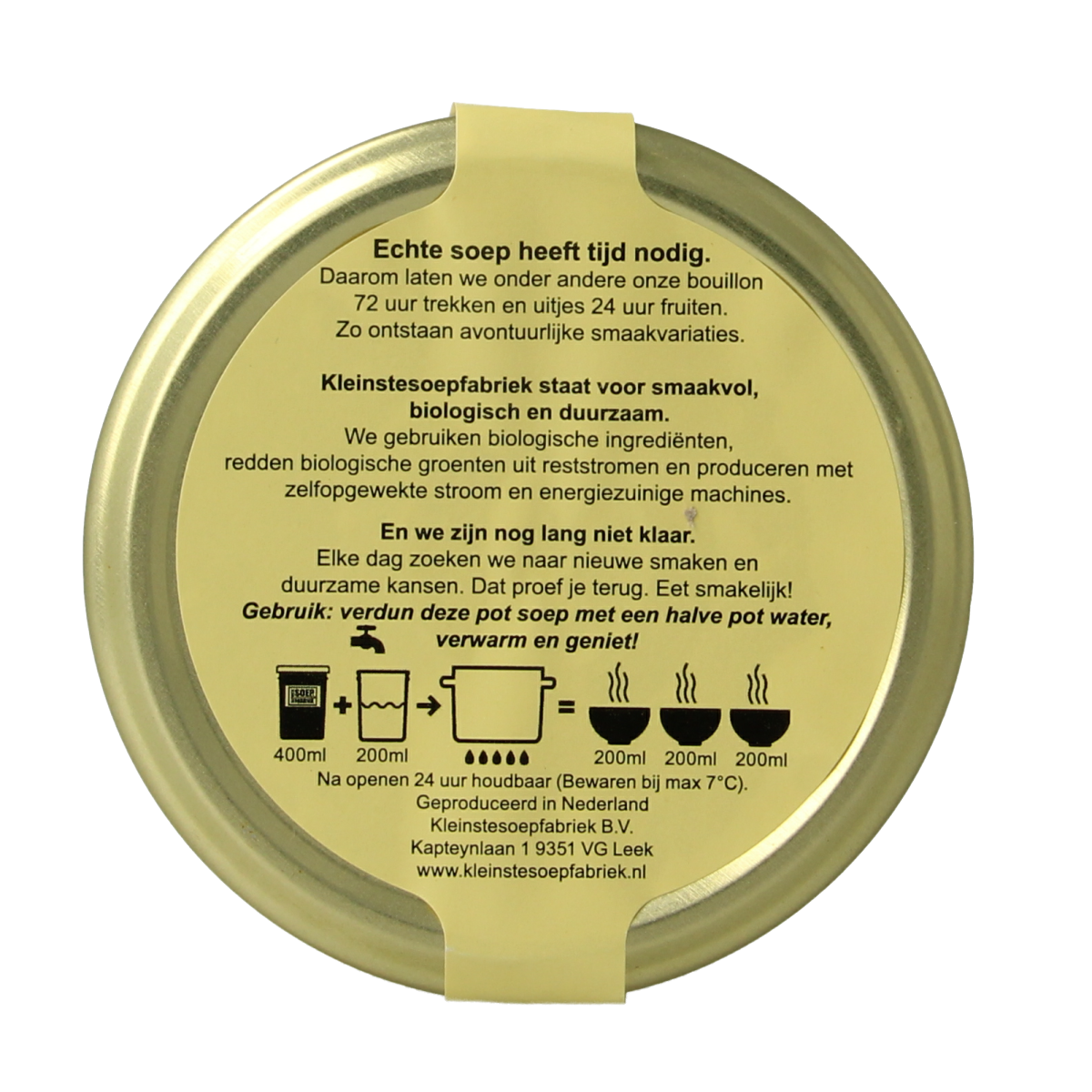 Kleinstesoepfabriek organic pure tomato soup in a 400ml container, showcasing the vibrant red soup in a bowl.