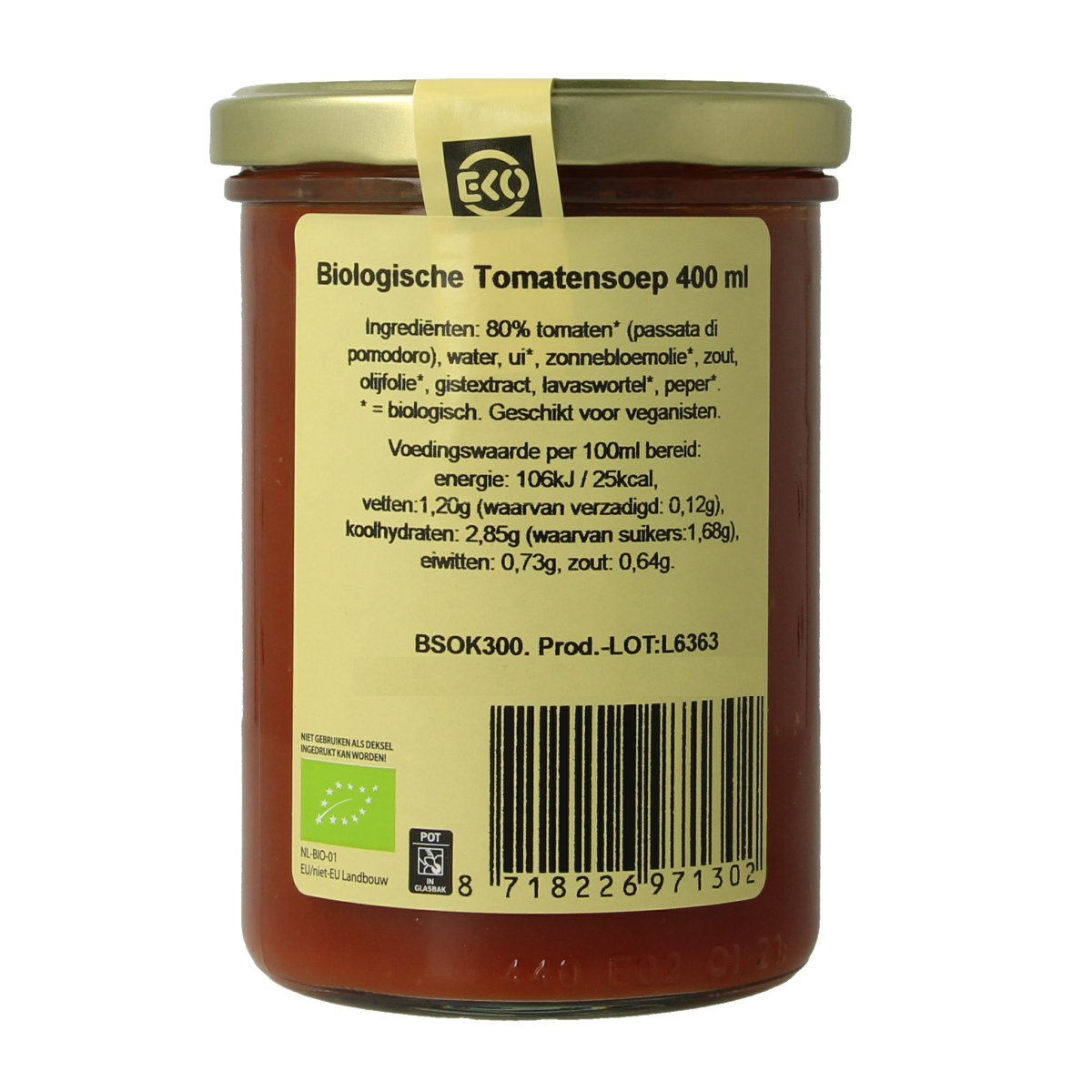 Kleinstesoepfabriek bio pure tomatensoep in 400ml container, showing fresh, vibrant tomato soup in a bowl.