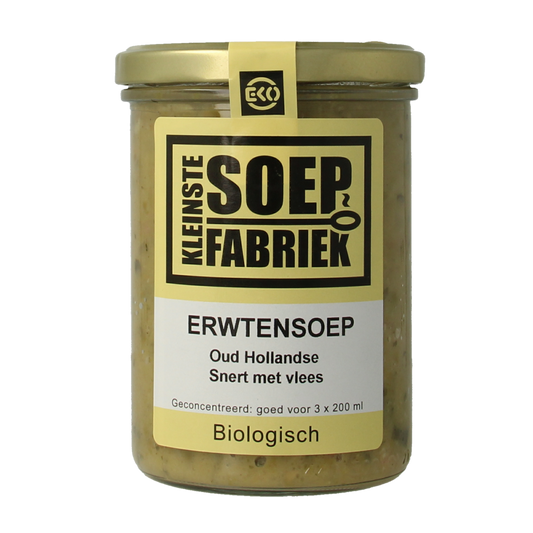 Kleinstesoepfabriek bio erwtensoep/snert met vlees in een kom, vers en voedzaam, 400ml, klaar om te serveren