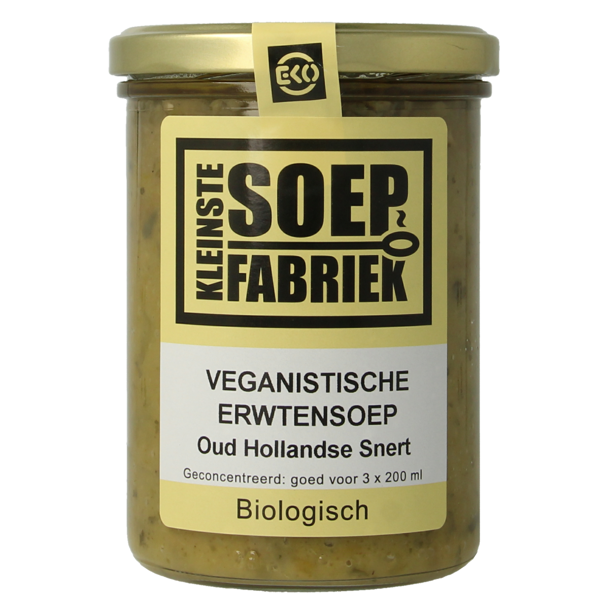 Kleinstesoepfabriek veganistische erwtensoep/snert in 400ml container, organic, hearty Dutch pea soup with fresh ingredients.