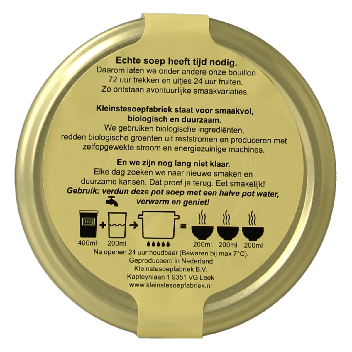 Kleinstesoepfabriek veganistische bio erwtensoep/snert in 400ml bowl, showcasing a thick, green pea soup with fresh ingredients.
