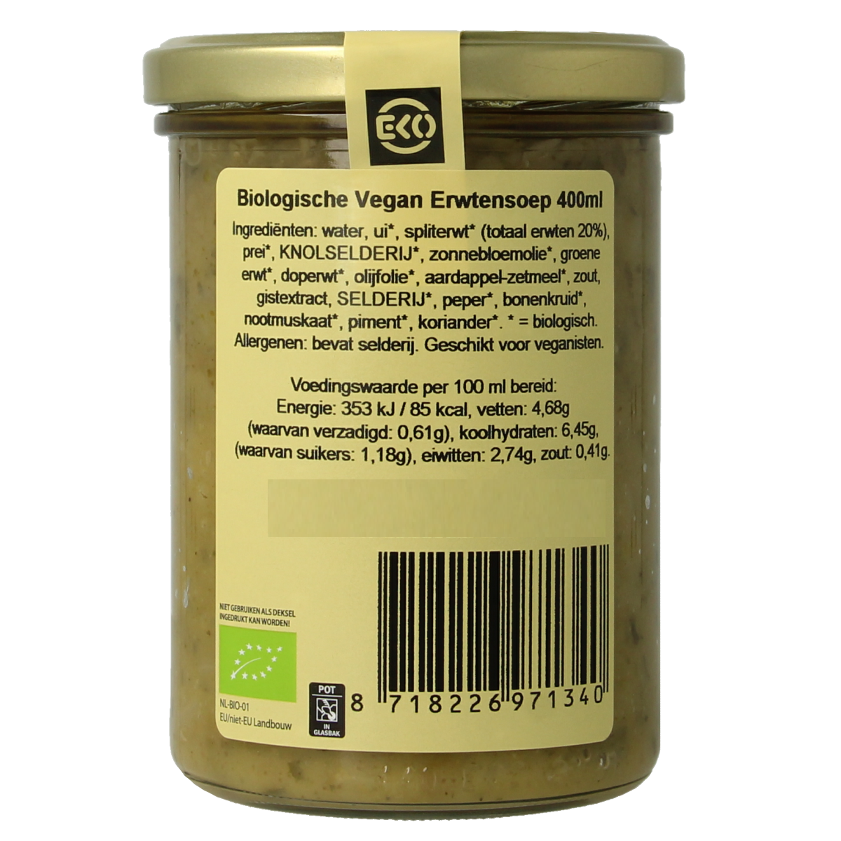 Kleinstesoepfabriek veganistische Erwtensoep/snert in 400ml bowl, showing thick, green pea soup with fresh herbs.
