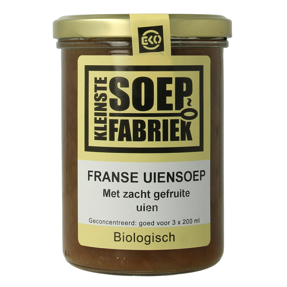 Kleinstesoepfabriek Franse uiensoep vegetarisch bio 400ml, creamy soup in a bowl with fresh herbs and crispy bread slices.
