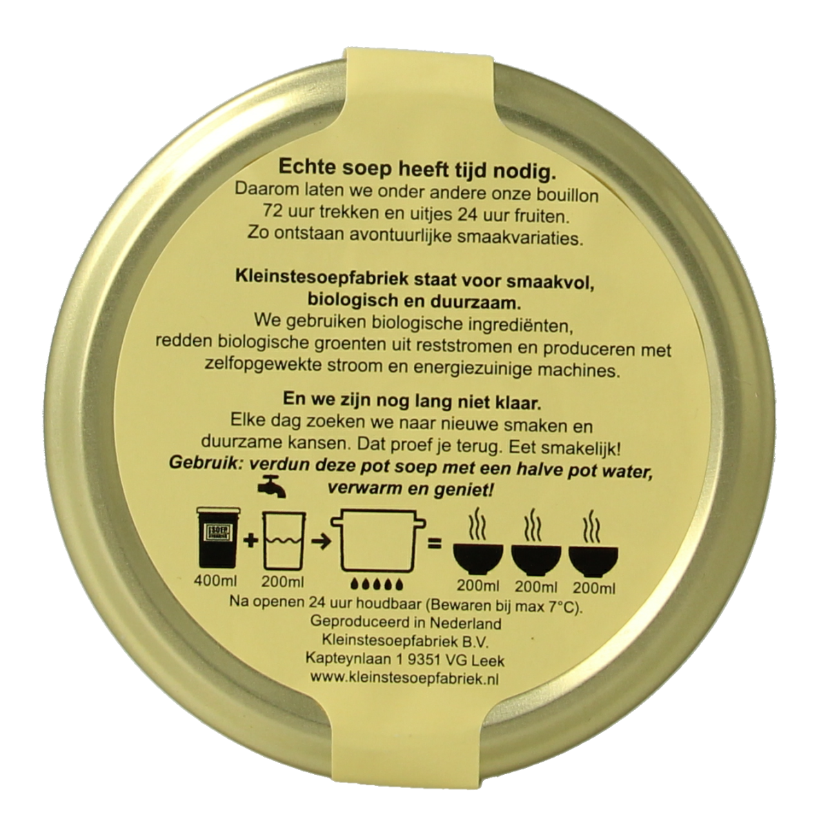 Kleinstesoepfabriek Franse uiensoep vegetarisch bio in 400ml container, ready to serve, with fresh sautéed onions and herbs.