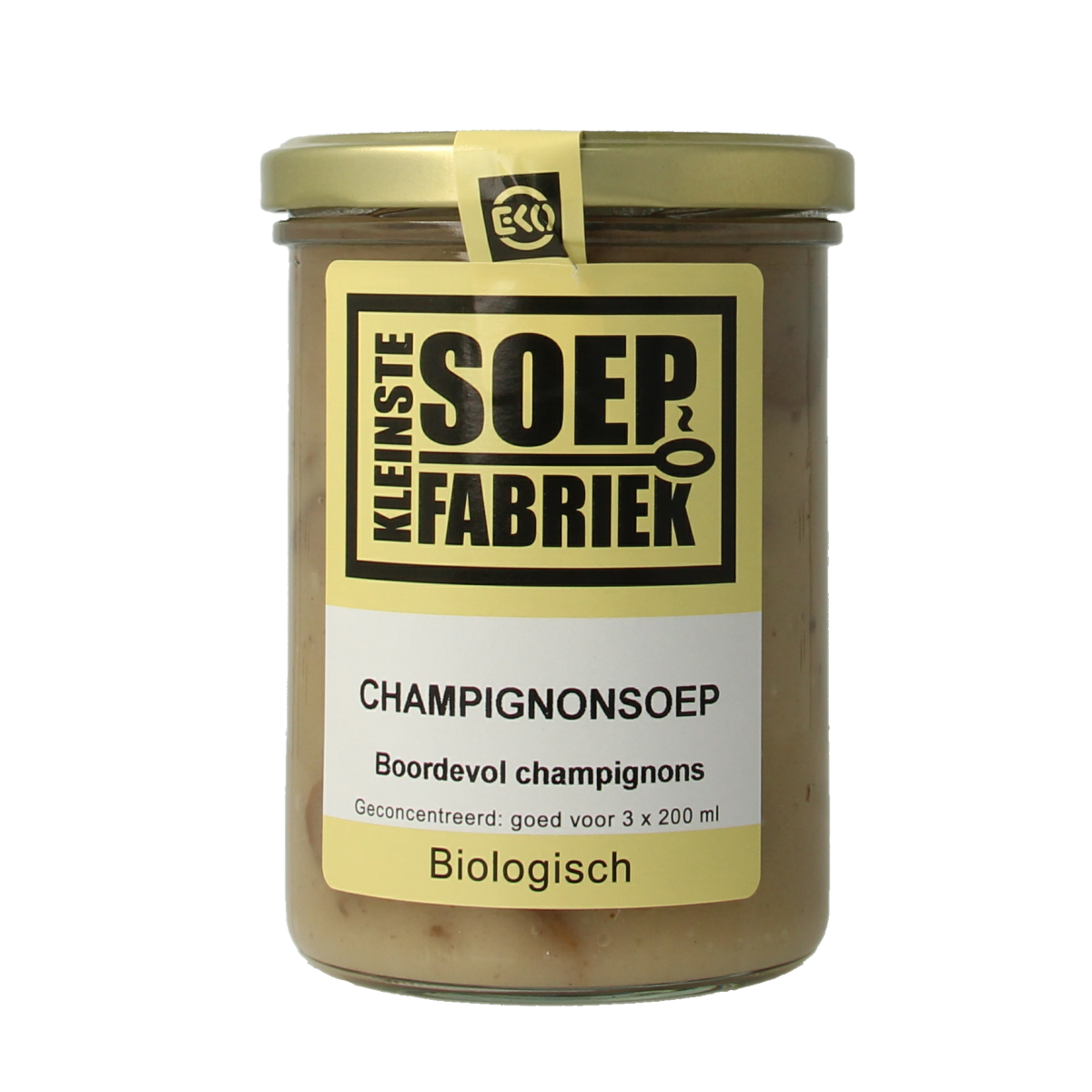 Kleinstesoepfabriek organic mushroom soup in a 400ml bowl, showcasing creamy texture and fresh mushroom ingredients.