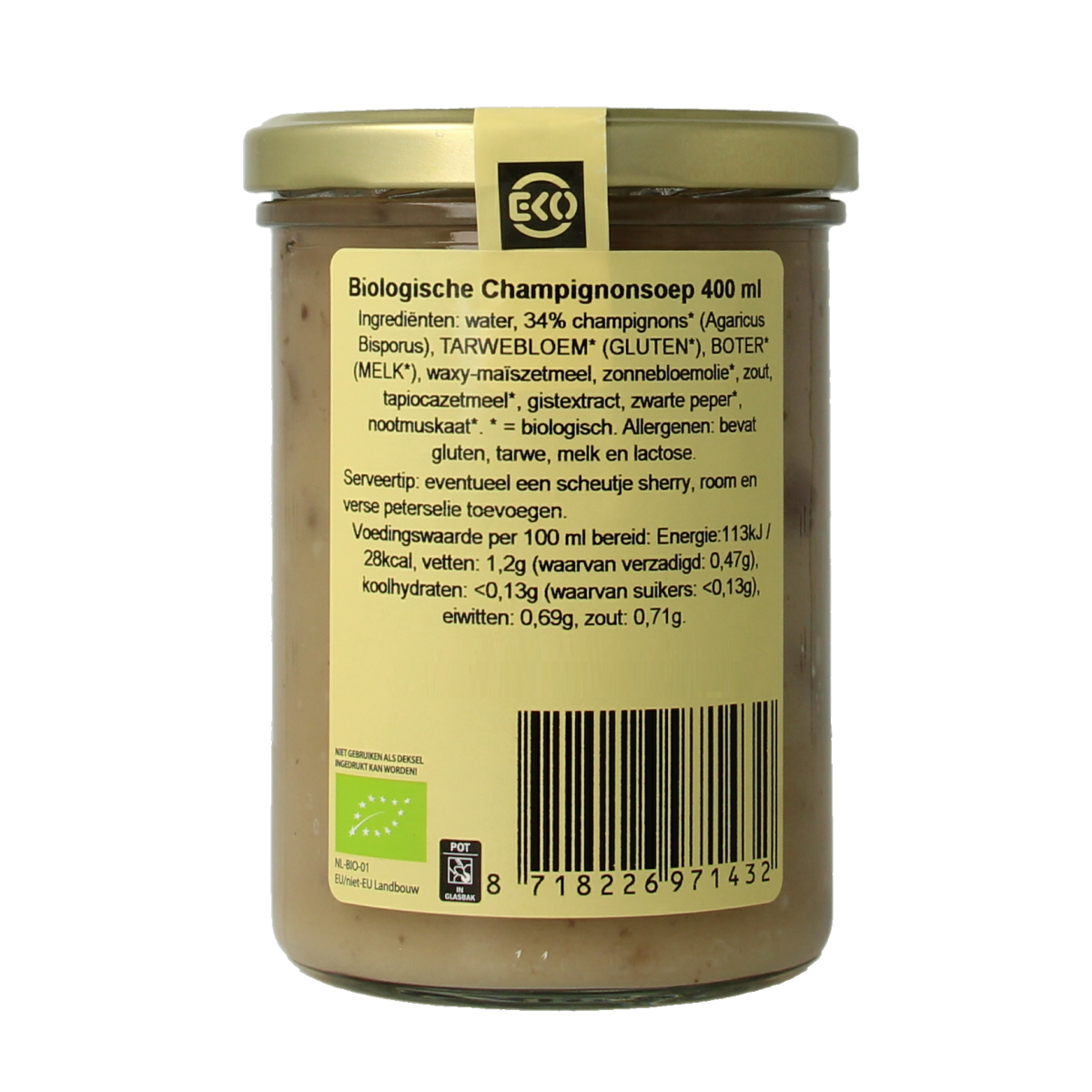 Kleinstesoepfabriek bio champignonsoep in 400ml container, creamy mushroom soup with fresh ingredients.