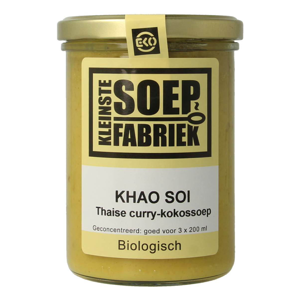 Kleinstesoepfabriek Khao Soi hemelse soep bio in 400ml container, featuring a bowl of creamy Thai-style curry soup with noodles.