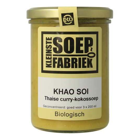 Kleinstesoepfabriek Khao Soi hemelse soep bio in 400ml container, featuring a bowl of creamy Thai-style curry soup with noodles.