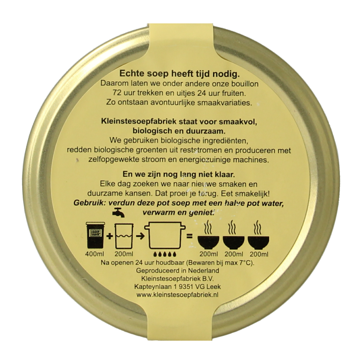 Kleinstesoepfabriek Khao Soi hemelse soep bio in 400ml container, showcasing a bowl of flavorful Thai-style soup with noodles and toppings.