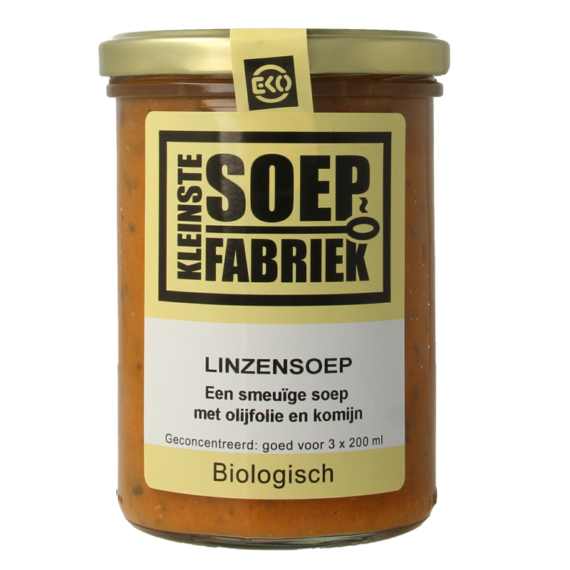 Kleinstesoepfabriek bio linseed soup in a 400ml container, featuring a bowl of lentil soup with fresh herbs and vegetables.