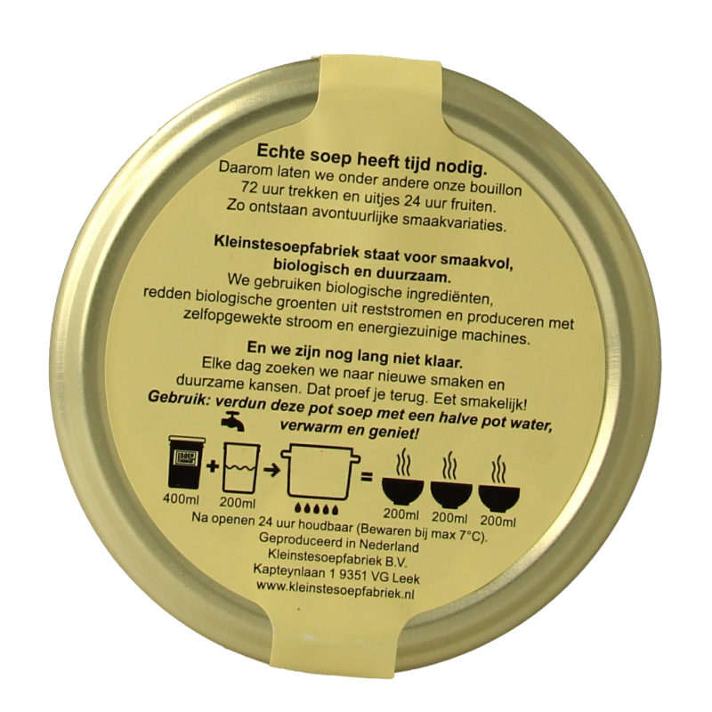 Kleinstesoepfabriek bio lentil soup in a 400ml container, showcasing the packaged product with label details.