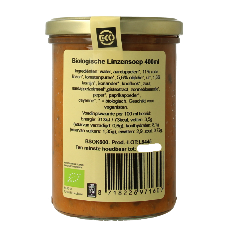 Kleinstesoepfabriek organic lentil soup in a 400ml container, featuring a bowl of hearty lentil soup with fresh ingredients.
