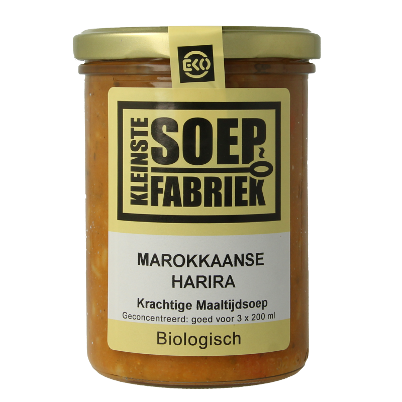 Kleinstesoepfabriek Marokkaanse harira biologische maaltijdsoep in 400ml container, featuring traditional Moroccan spices and ingredients.