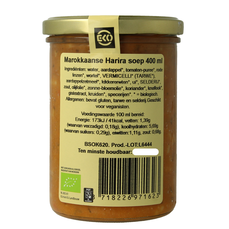 Kleinstesoepfabriek Marokkaanse harira maaltijdsoep bio in 400ml bowl, showcasing rich, flavorful Moroccan-style soup with herbs and spices.