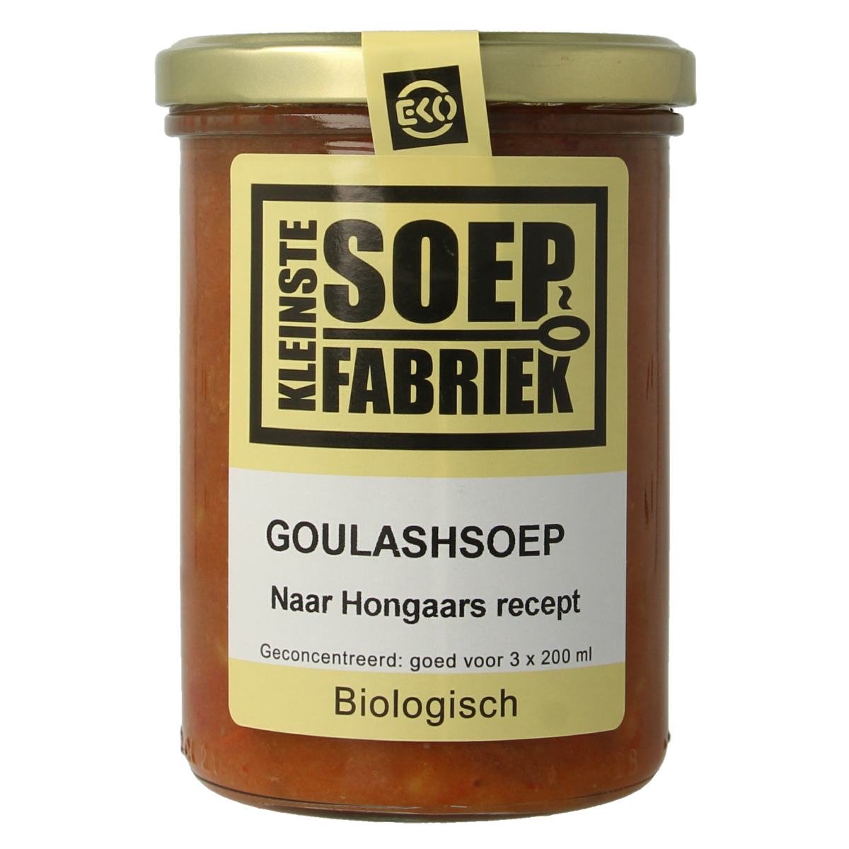 Kleinstesoepfabriek organic goulash soup in 400ml bowl, displaying rich tomato and meat broth with vegetables.
