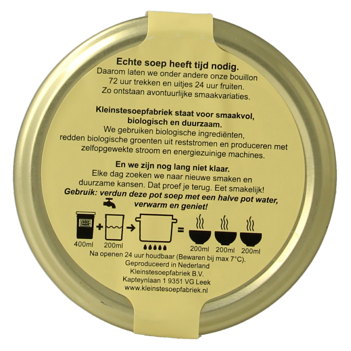 Kleinstesoepfabriek bio goulash soep in 400ml container, featuring rich red goulash soup with vegetables and spices.
