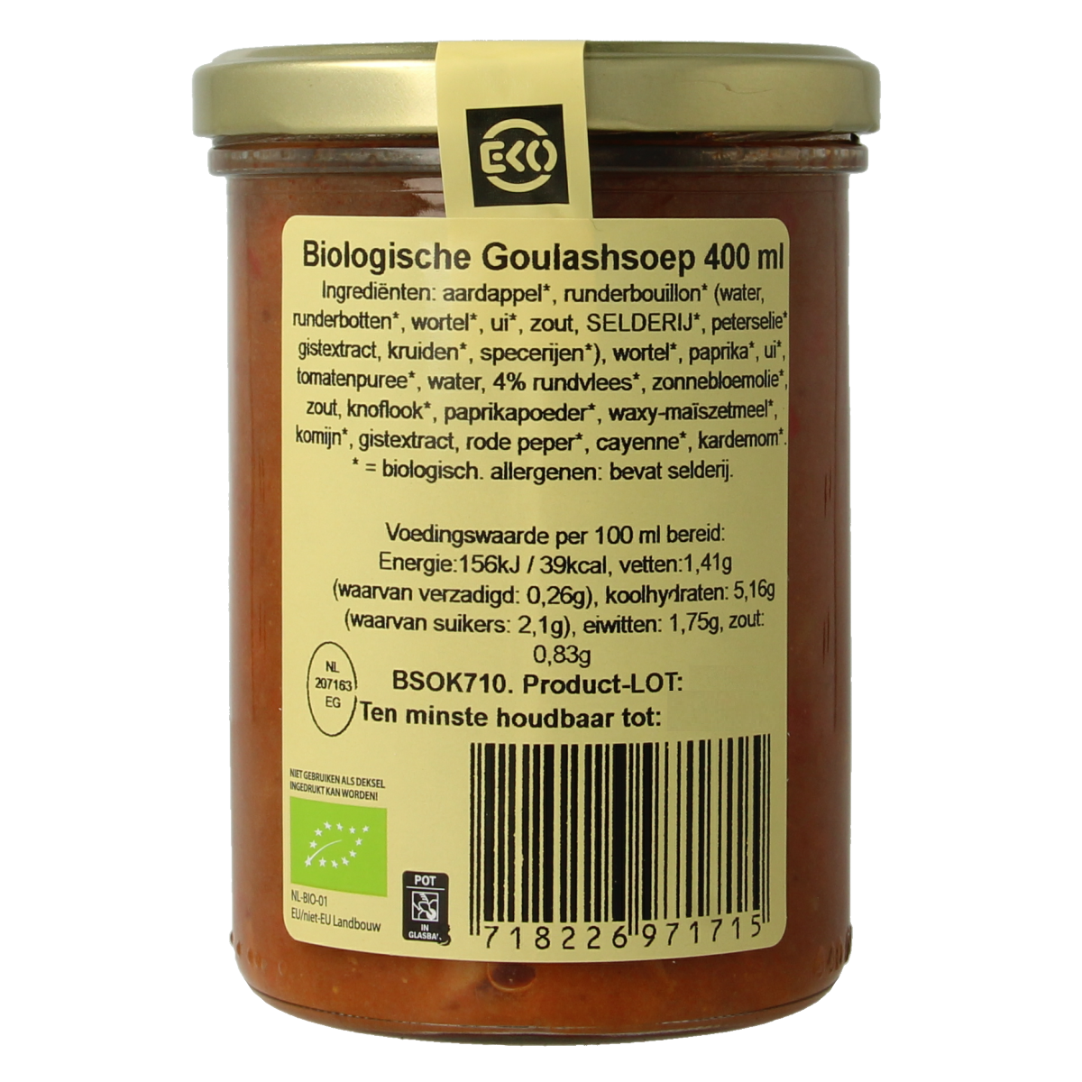 Kleinstesoepfabriek bio goulash soep in 400ml container, rich and flavorful soup with beef, vegetables, and spices.