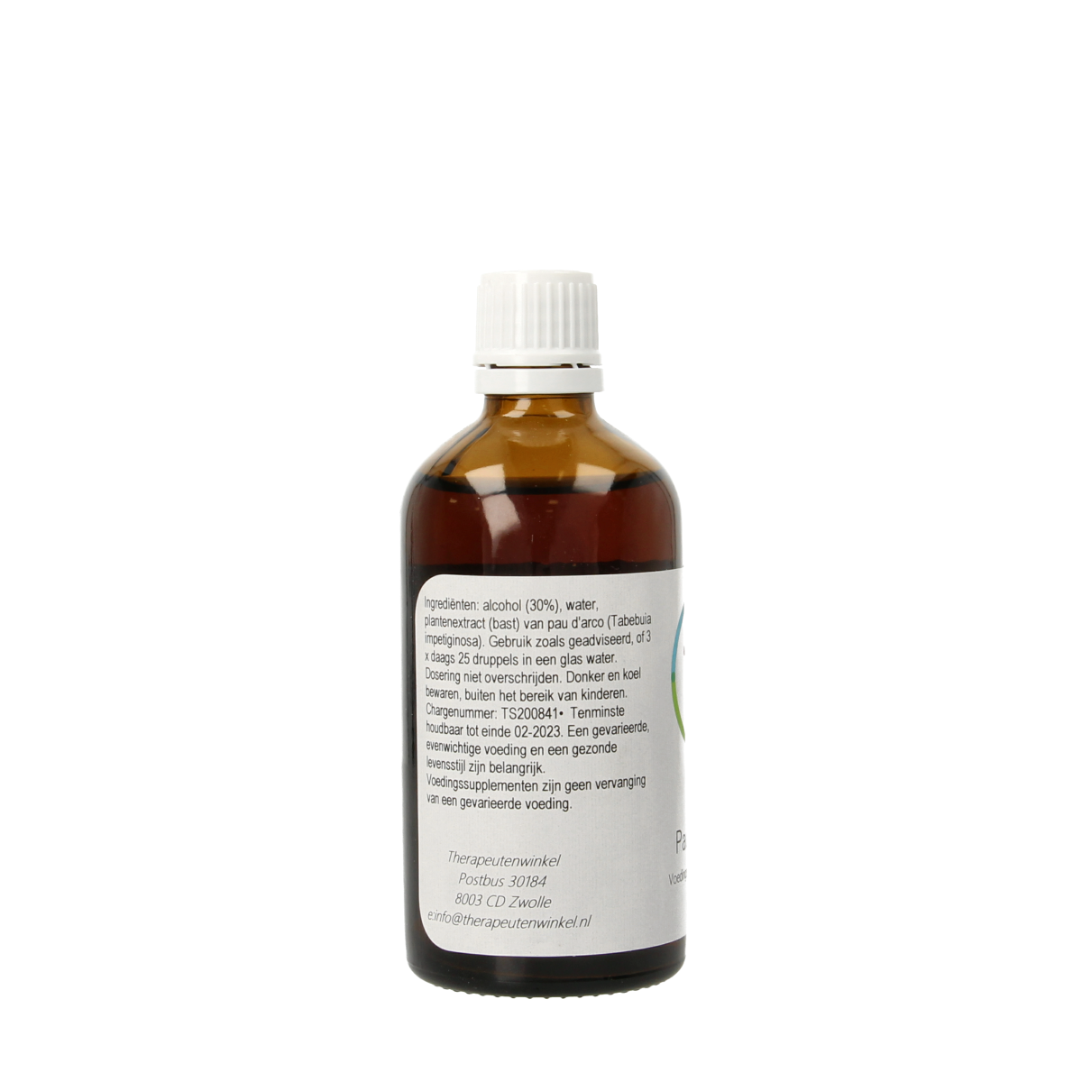 Therapeutenwinkel Pau d'arco herbal extract in 100ml bottle, made from Tabebuia impetiginosa, for natural herbal preparation.