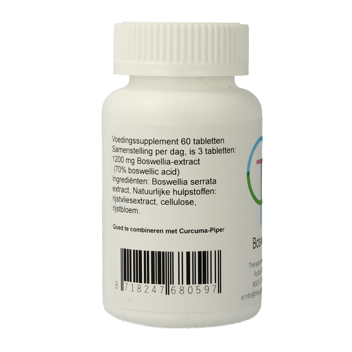 Therapeutenwinkel Boswellia+ herbal supplement in a bottle of 60 tablets, natural herbal remedy for joint support.