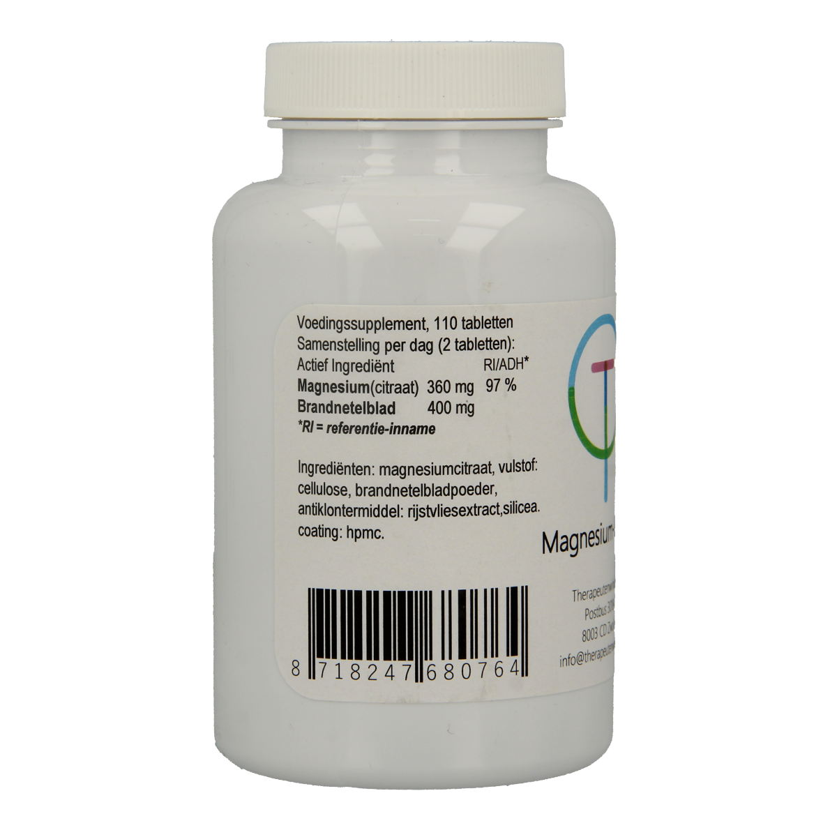 Therapeutenwinkel Magnesium Urtica mineral tablets, 110g, natural supplement with magnesium and nettle extract, in a clear container.