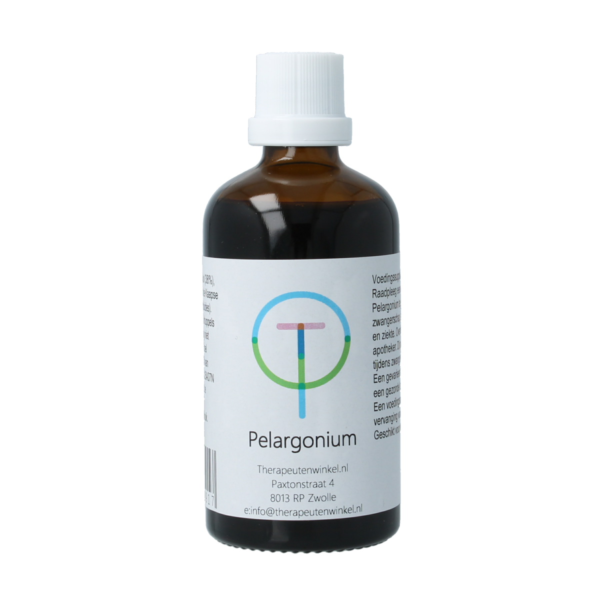 Therapeutenwinkel Pelargonium tinctuur in 100ml bottle, herbal preparation with botanical extract, natural remedy for wellness.