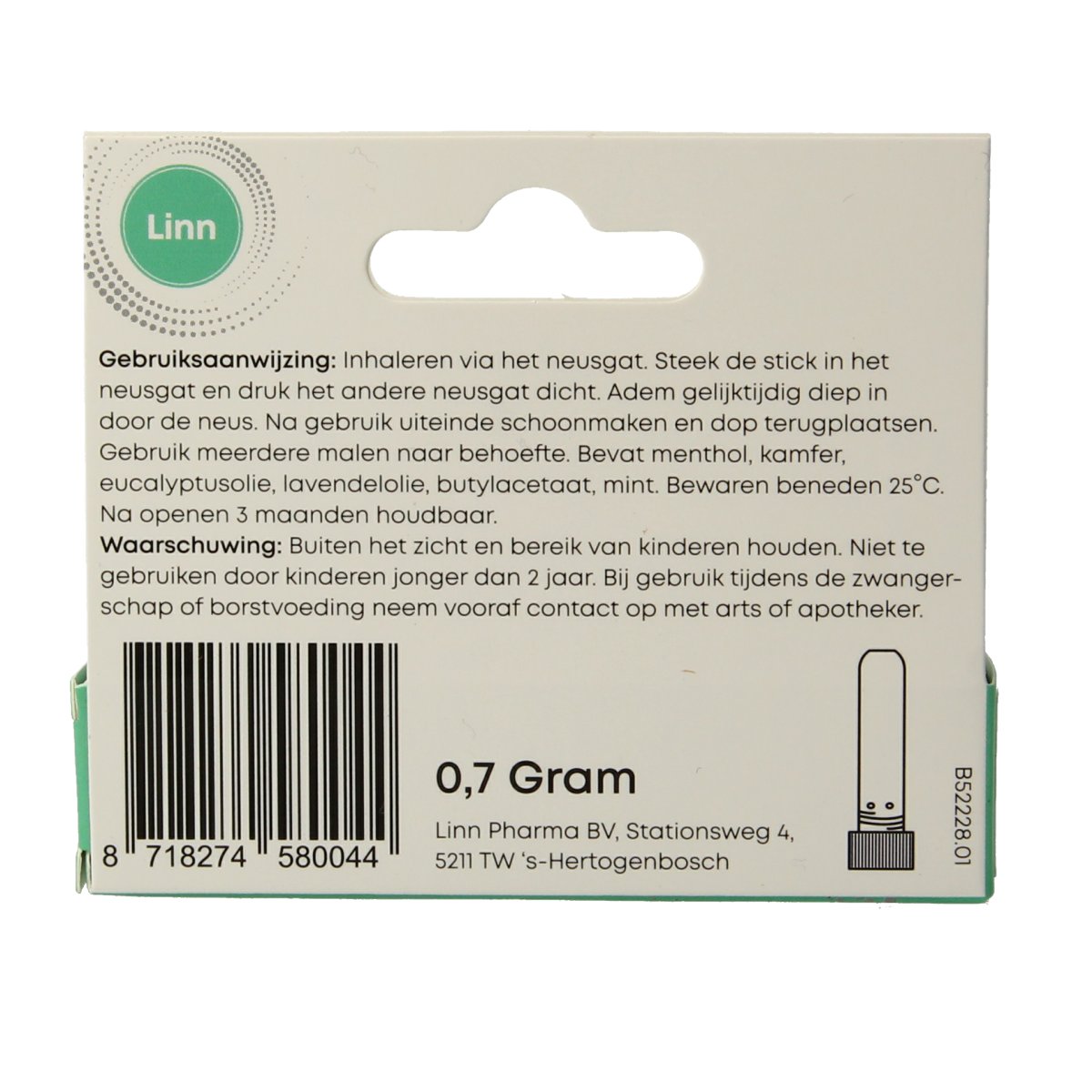 Linn Neusinhaler stick for nasal care and inhalation, single pack, displayed with packaging and inhaler stick on a white background.