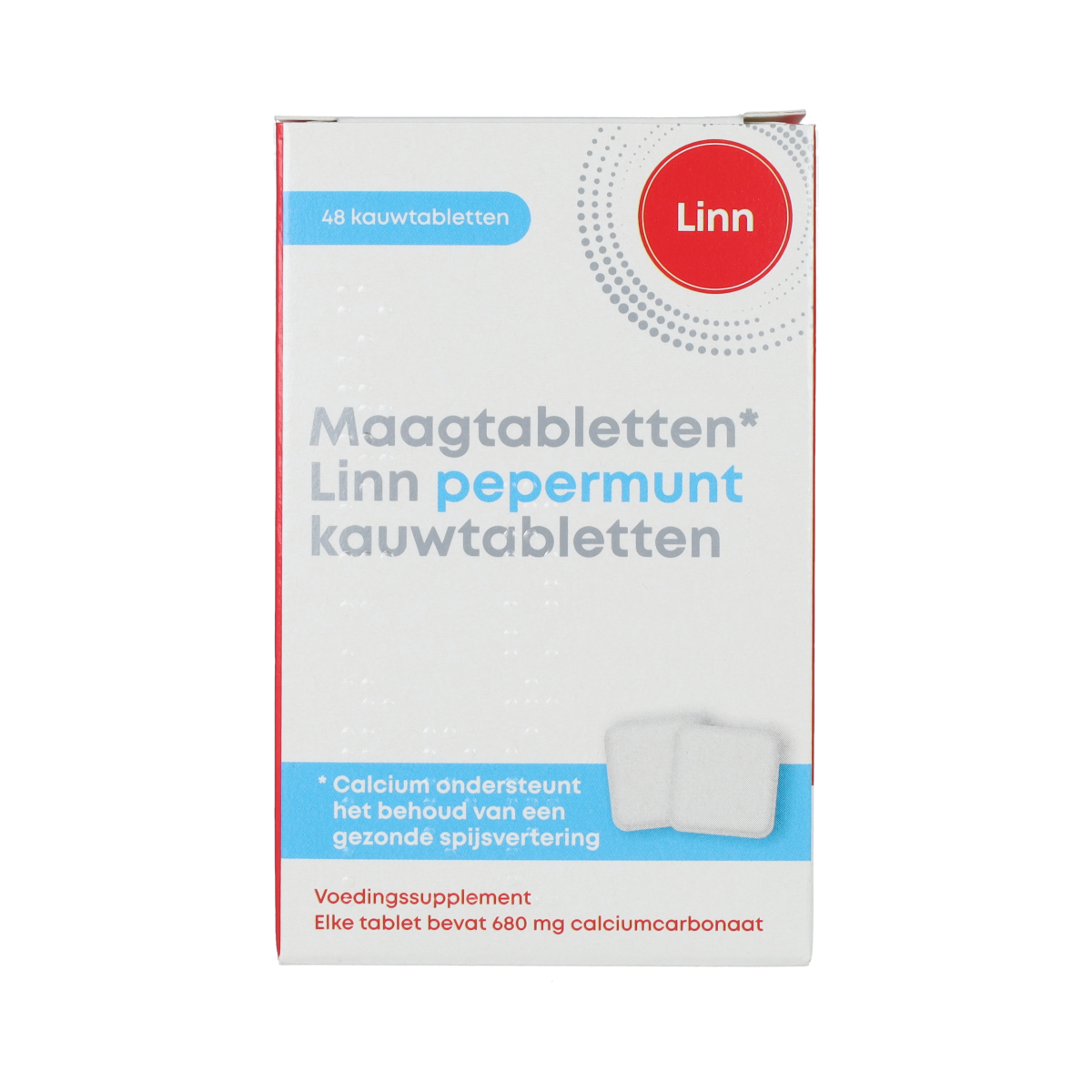 Linn Pepermunt Maagtabletten, 48 chewable tablets for digestion and stomach comfort, displayed in the image.