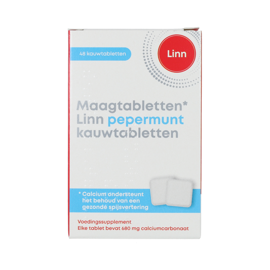 Linn Pepermunt Maagtabletten, 48 chewable tablets for digestion and stomach comfort, displayed in the image.