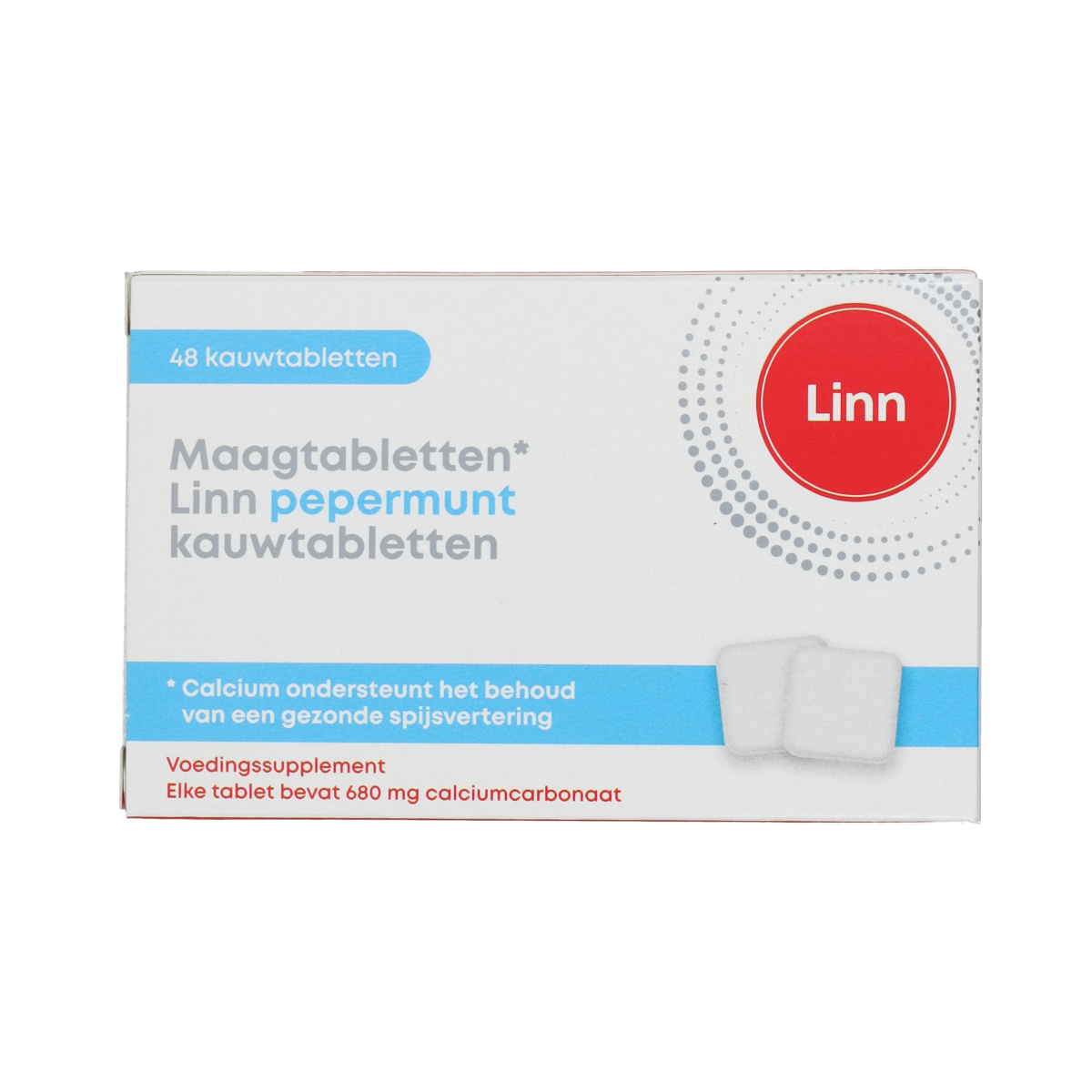Linn Pepermunt Maagtabletten, 48 chewy tablets for digestion and stomach relief, with peppermint flavor, in a white and green package.