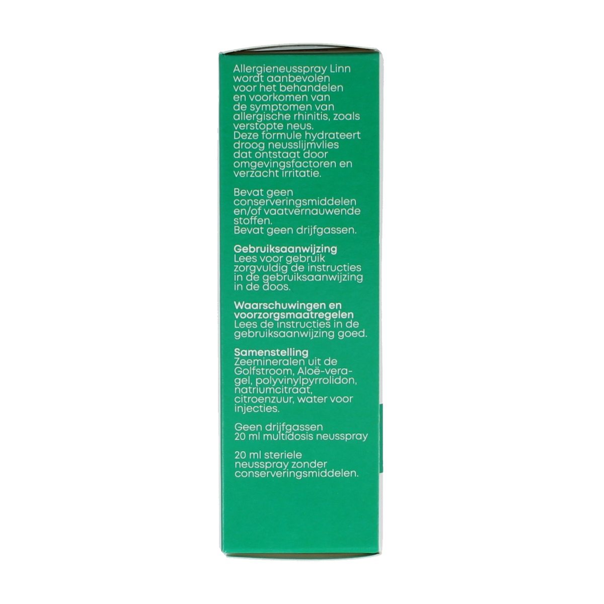 Linn Allergie neusspray bottle for hay fever and allergy relief, 20ml, with nasal spray nozzle visible on white background.