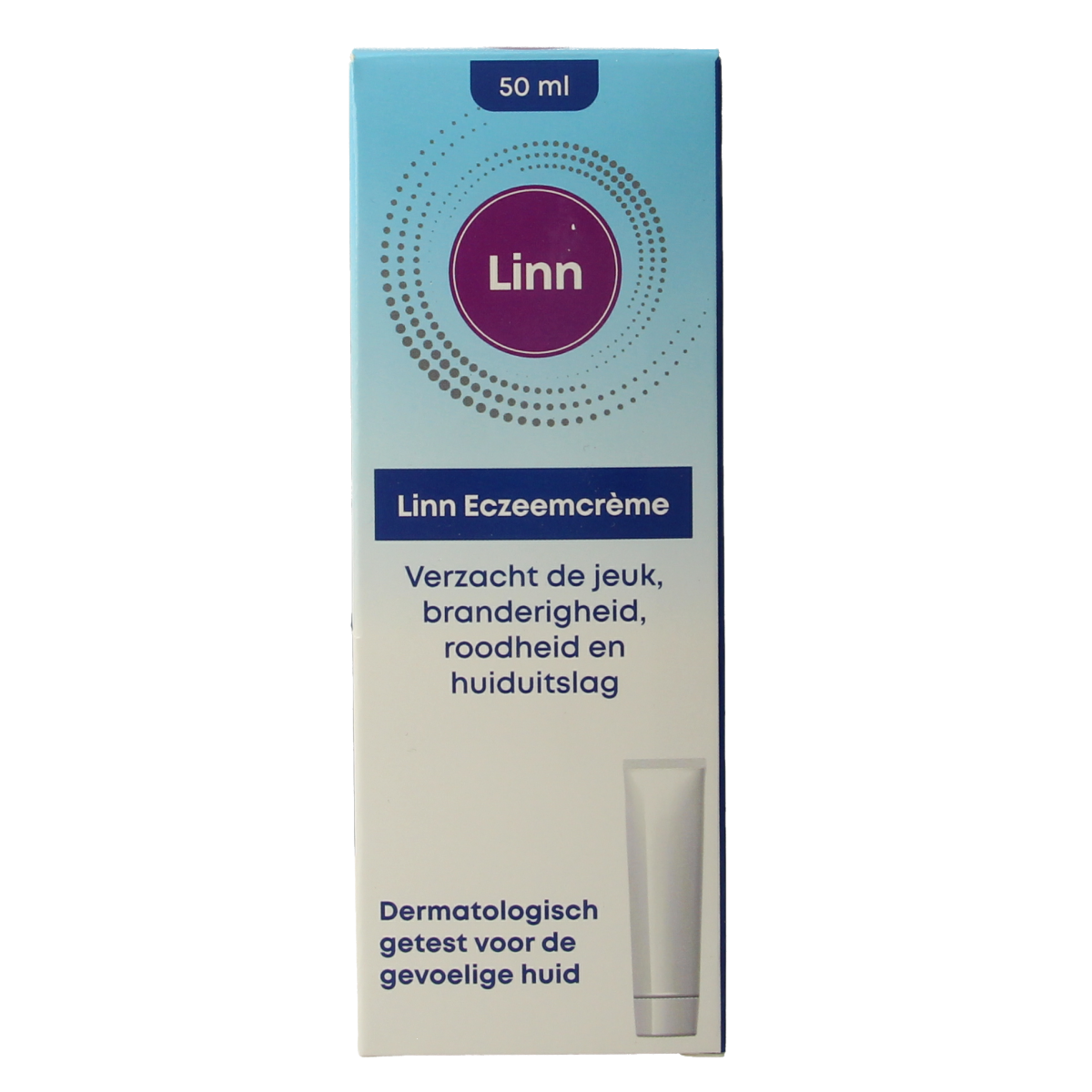 Linn Eczeem creme 50ml for skin care, featuring a tube with a white cap and product label for body skin relief.