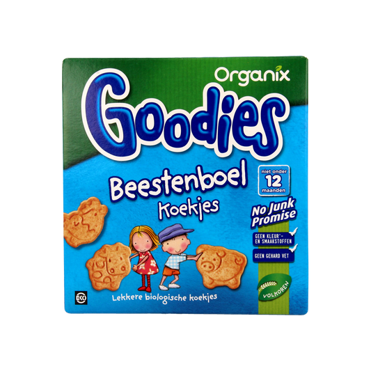 Organic Organix Goodies baby and toddler animal cookies in a 100g package, suitable for young children.