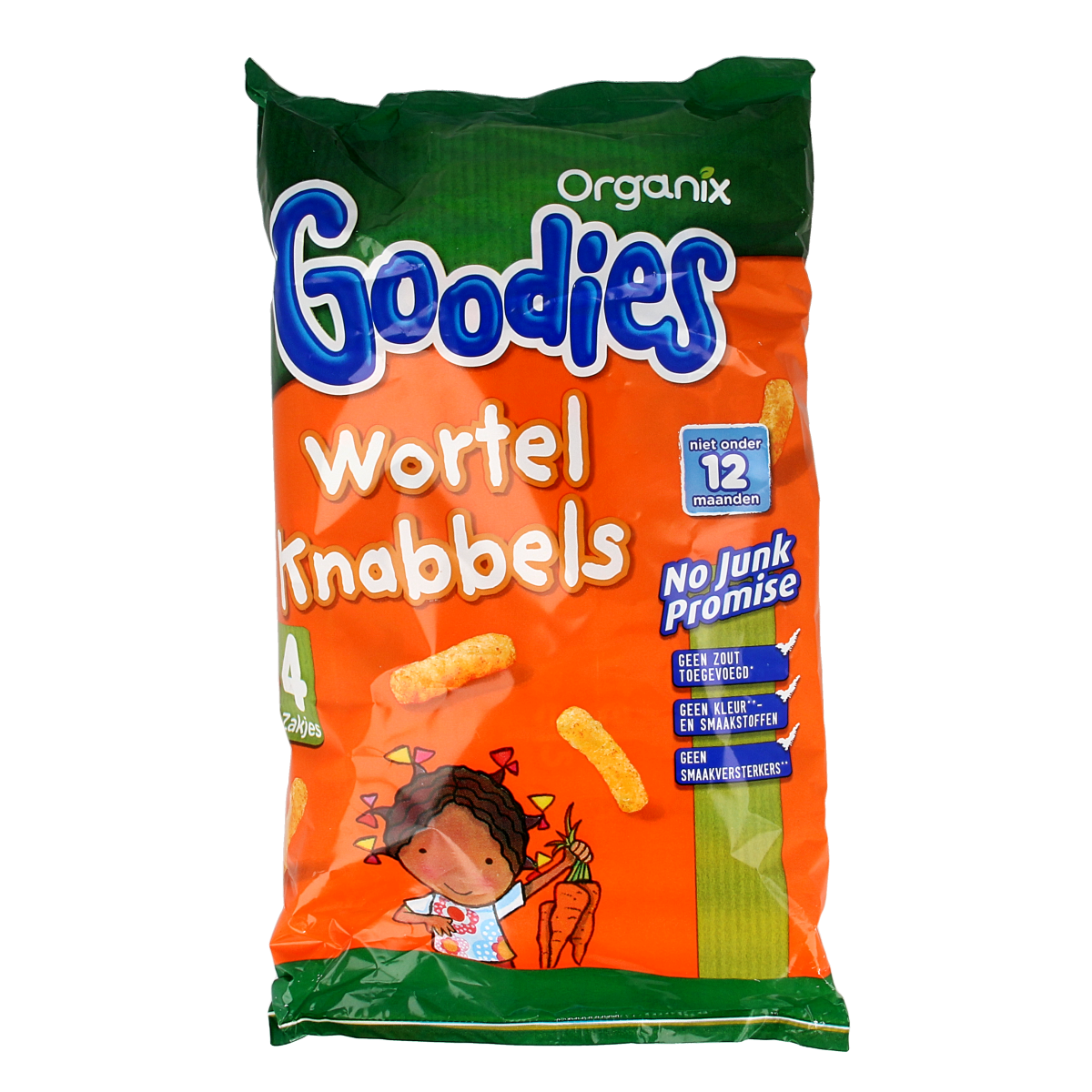 Organic Organix Goodies Mais knabbels met wortel for babies and toddlers, 60g, featuring crunchy maize and carrot snacks in a colorful package.