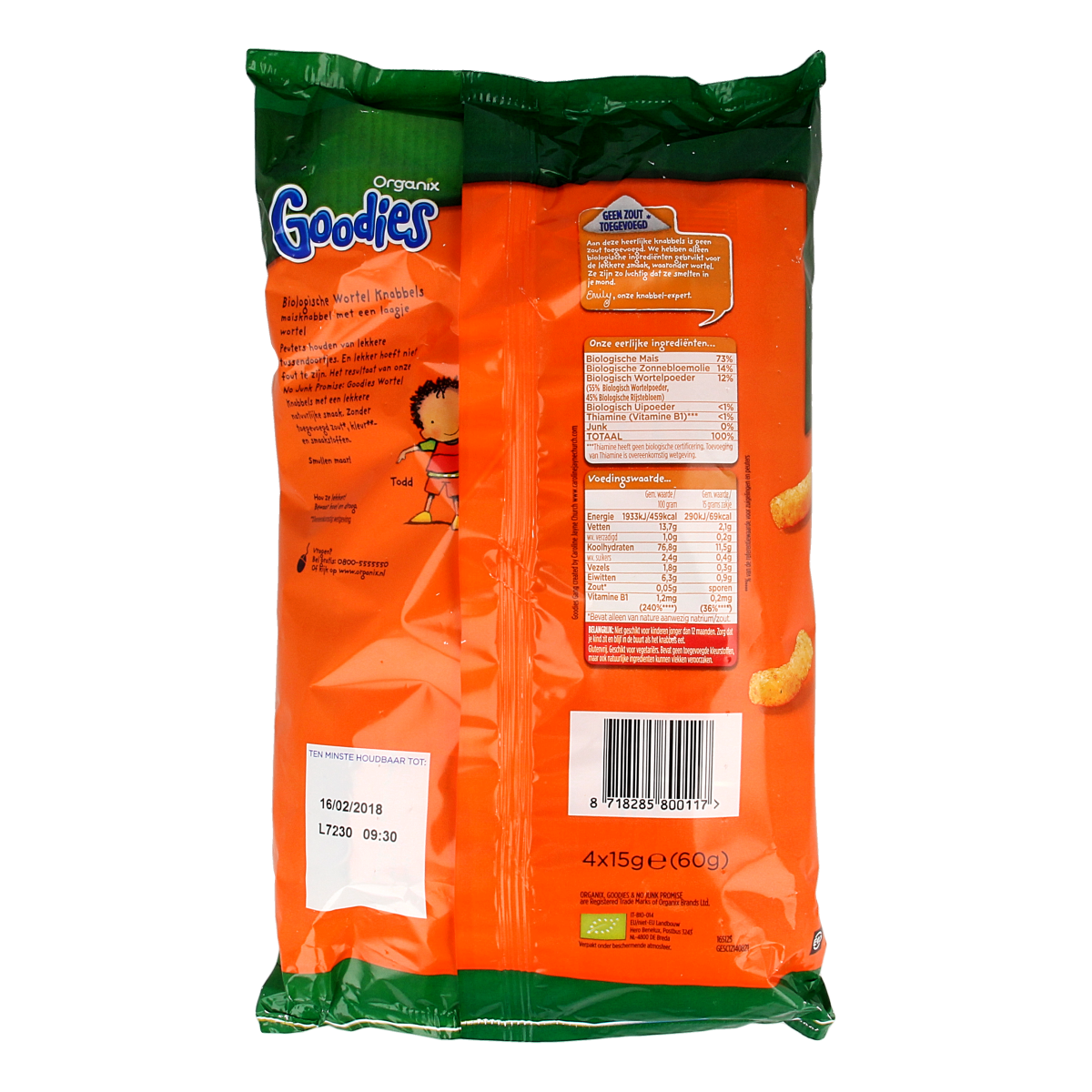 Organic Organix Goodies baby and toddler maize snacks with carrot, 60g, suitable for children over 10 months, in a colorful package.